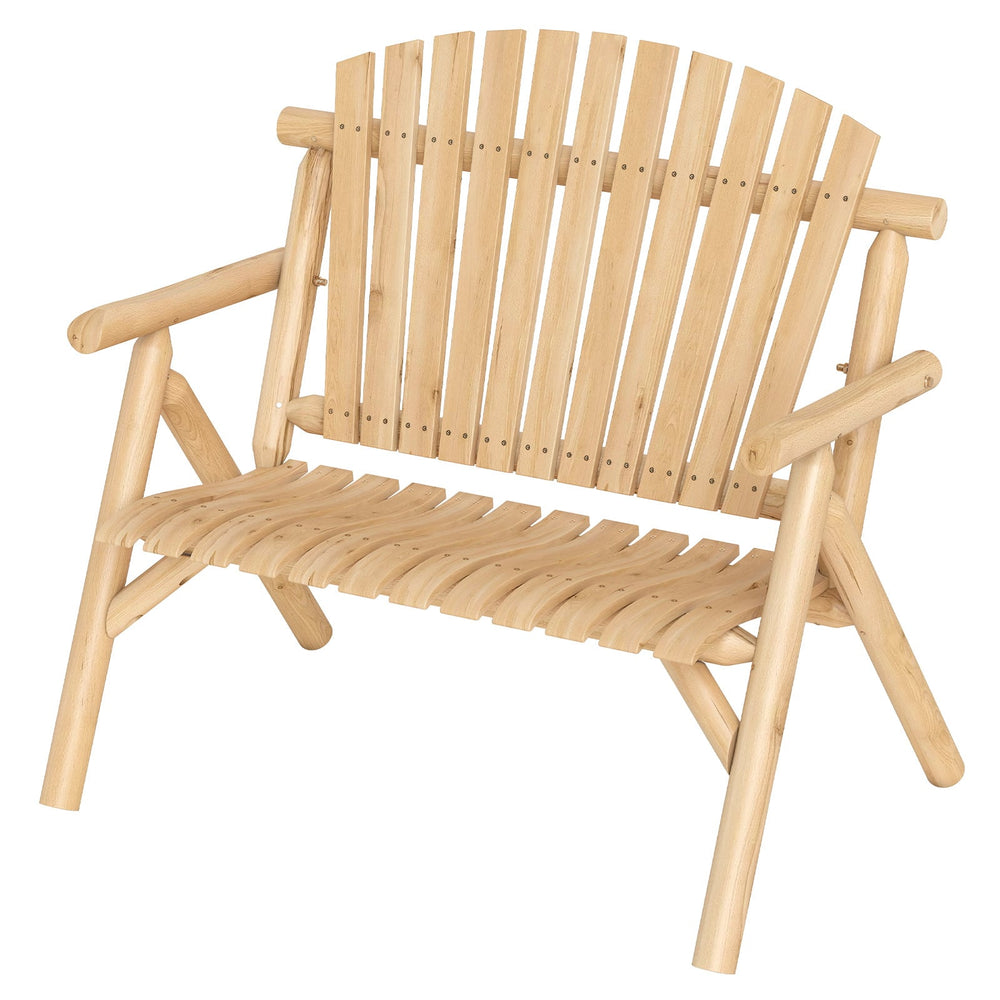 2-PersonLog Wood Patio Bench with Slatted Backrest Built-in Armrest and Curved Seat-Natural
