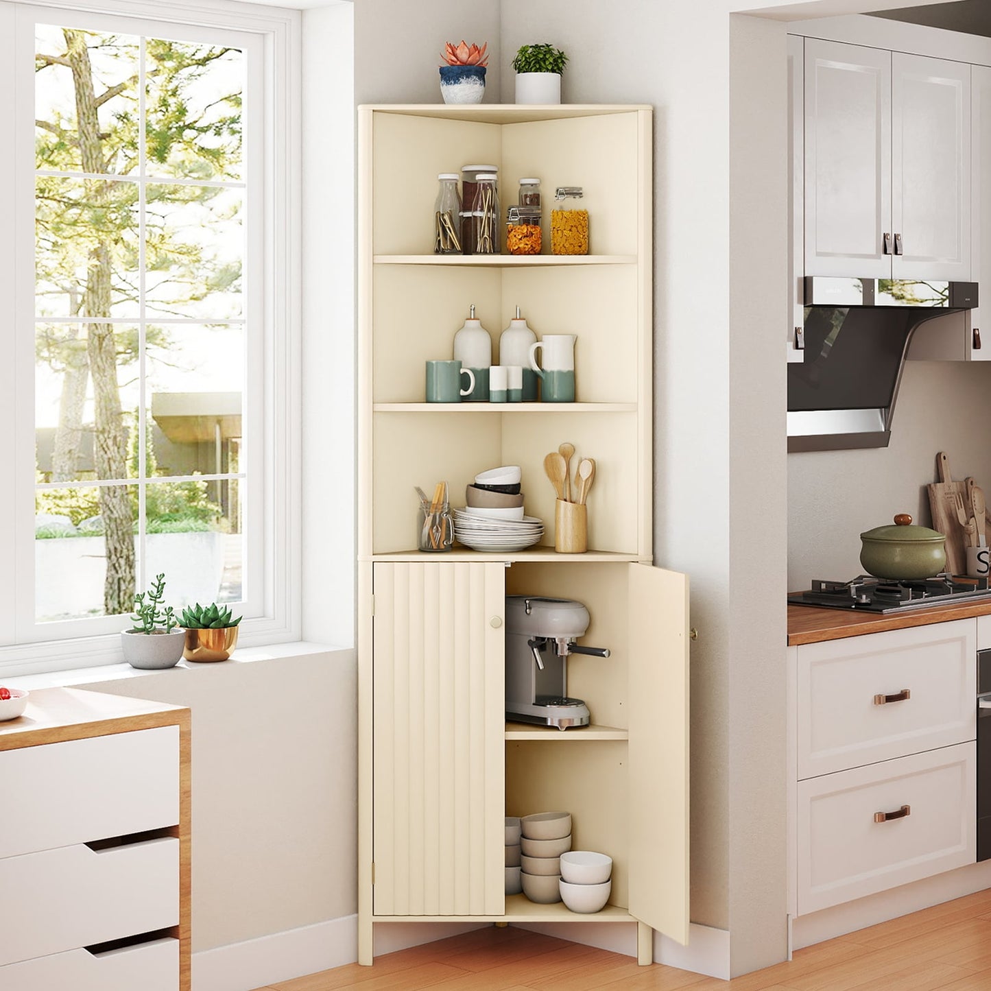 2-Piece Bathroom Cabinet Set with Fluted Doors, Corner & Wall Cabinet