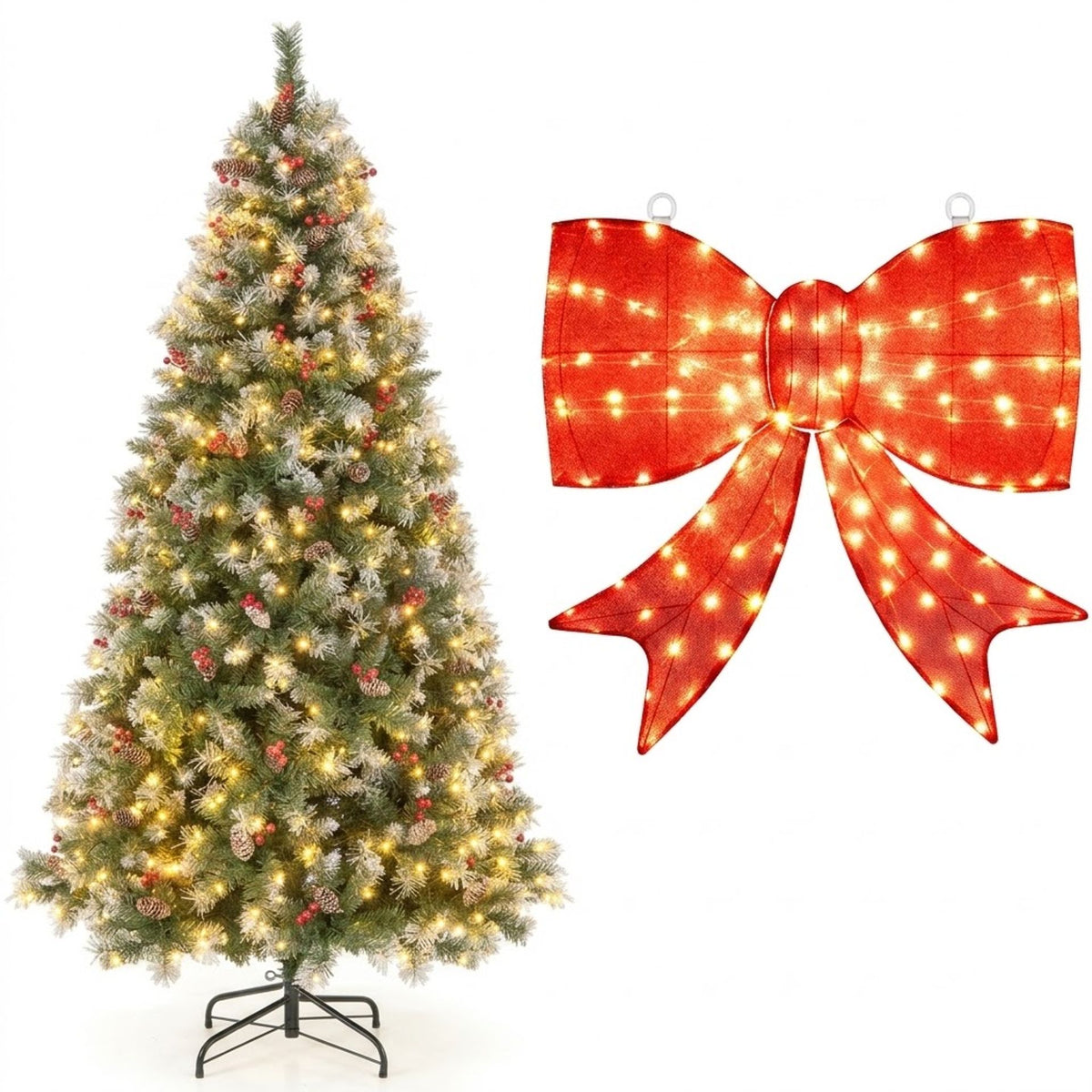 2-Piece Christmas Decoration Set: Pre-Lit Snowy Xmas Tree & 93cm Lighted Giant Bow, Festive Display for Lounges, Porches & Mantelpieces