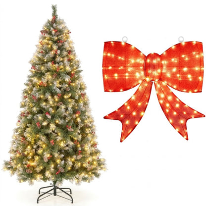 2-Piece Christmas Decoration Set: Pre-Lit Snowy Xmas Tree & 93cm Lighted Giant Bow, Festive Display for Lounges, Porches & Mantelpieces