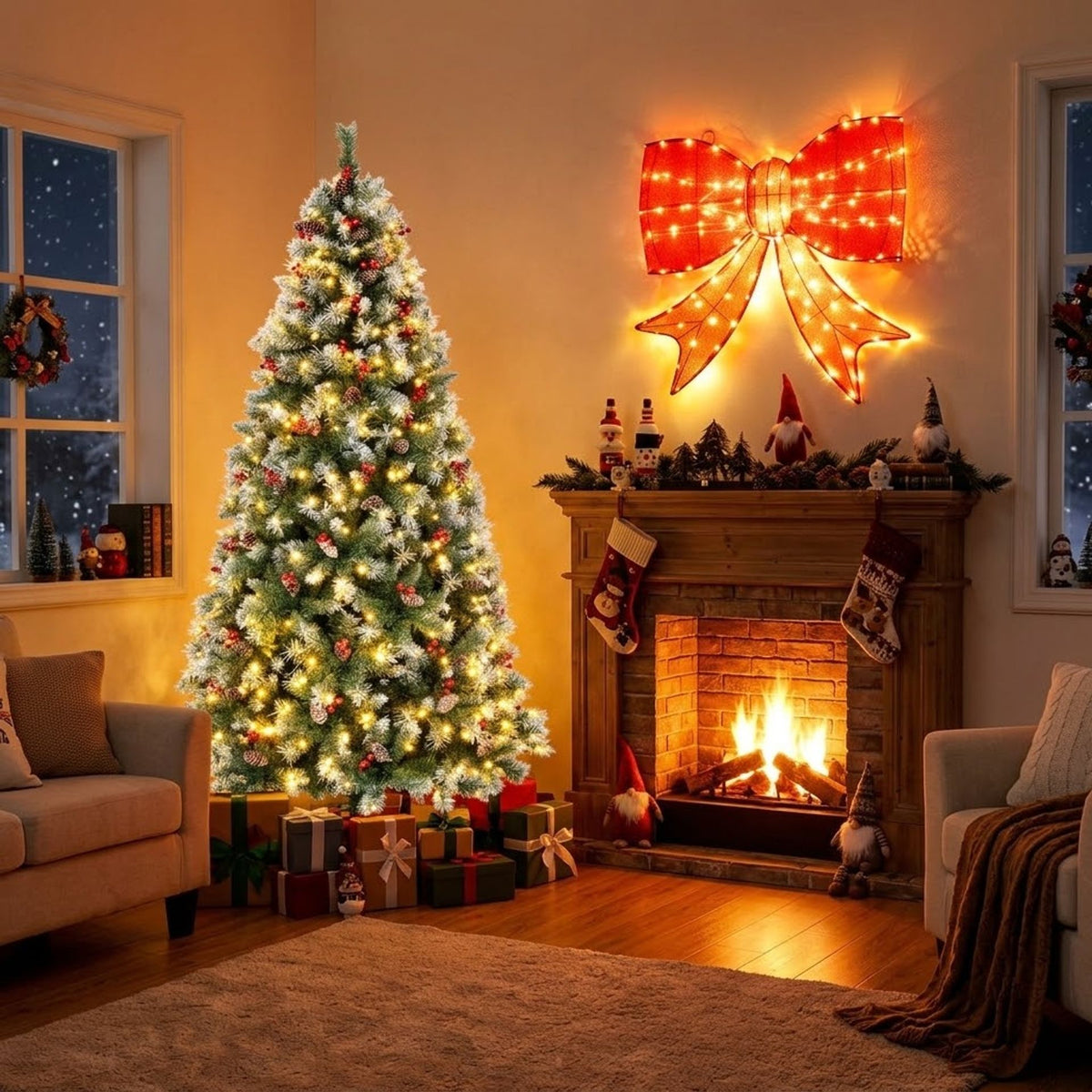 2-Piece Christmas Decoration Set: Pre-Lit Snowy Xmas Tree & 93cm Lighted Giant Bow, Festive Display for Lounges, Porches & Mantelpieces