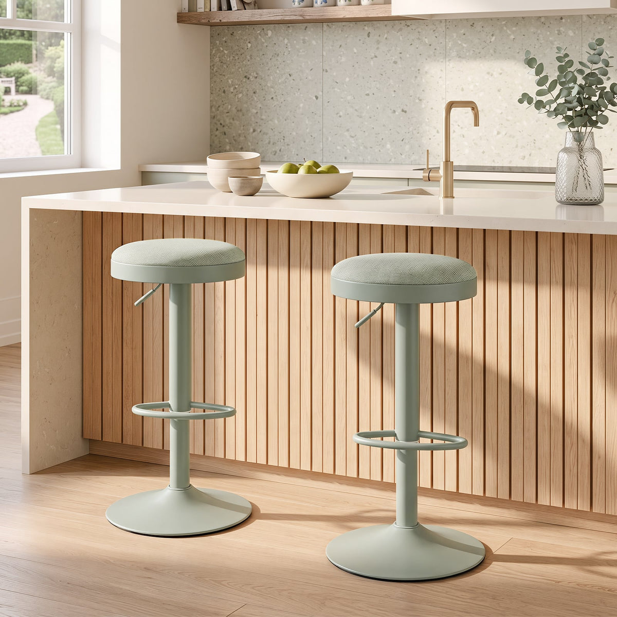 2 Piece Kitchen Bar Stool with Height Adjustment and D-Shaped Footrest-Green