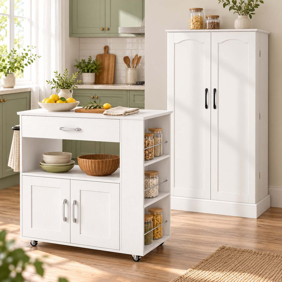 2-Piece Kitchen Pantry Cabinet and Mobile Kitchen Island Cart Set