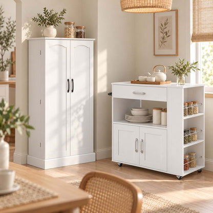 2-Piece Kitchen Pantry Cabinet and Mobile Kitchen Island Cart Set