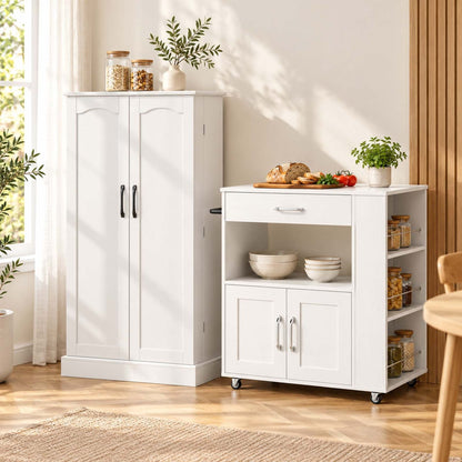 2-Piece Kitchen Pantry Cabinet and Mobile Kitchen Island Cart Set