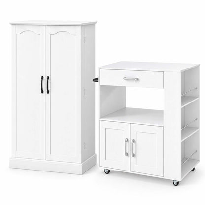 2-Piece Kitchen Pantry Cabinet and Mobile Kitchen Island Cart Set