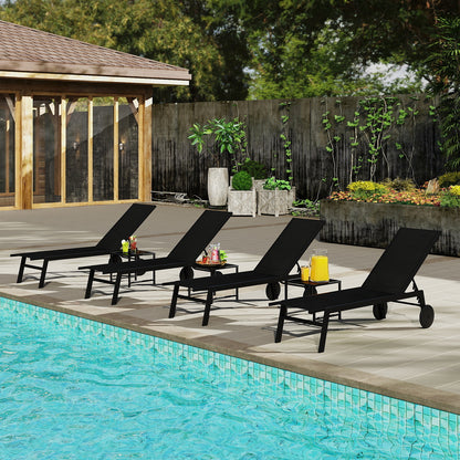 2-Piece Patio Chaise Lounge Set with Tempered Glass Table and Wheels-Black