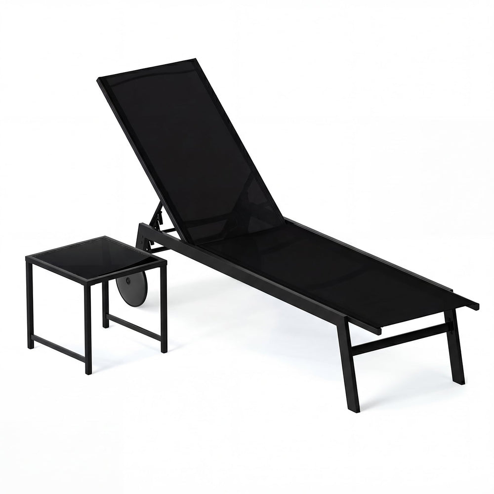 2-Piece Patio Chaise Lounge Set with Tempered Glass Table and Wheels-Black