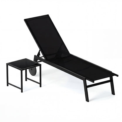 2-Piece Patio Chaise Lounge Set with Tempered Glass Table and Wheels-Black
