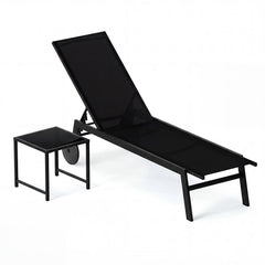 2-Piece Patio Chaise Lounge Set with Tempered Glass Table and Wheels-Black