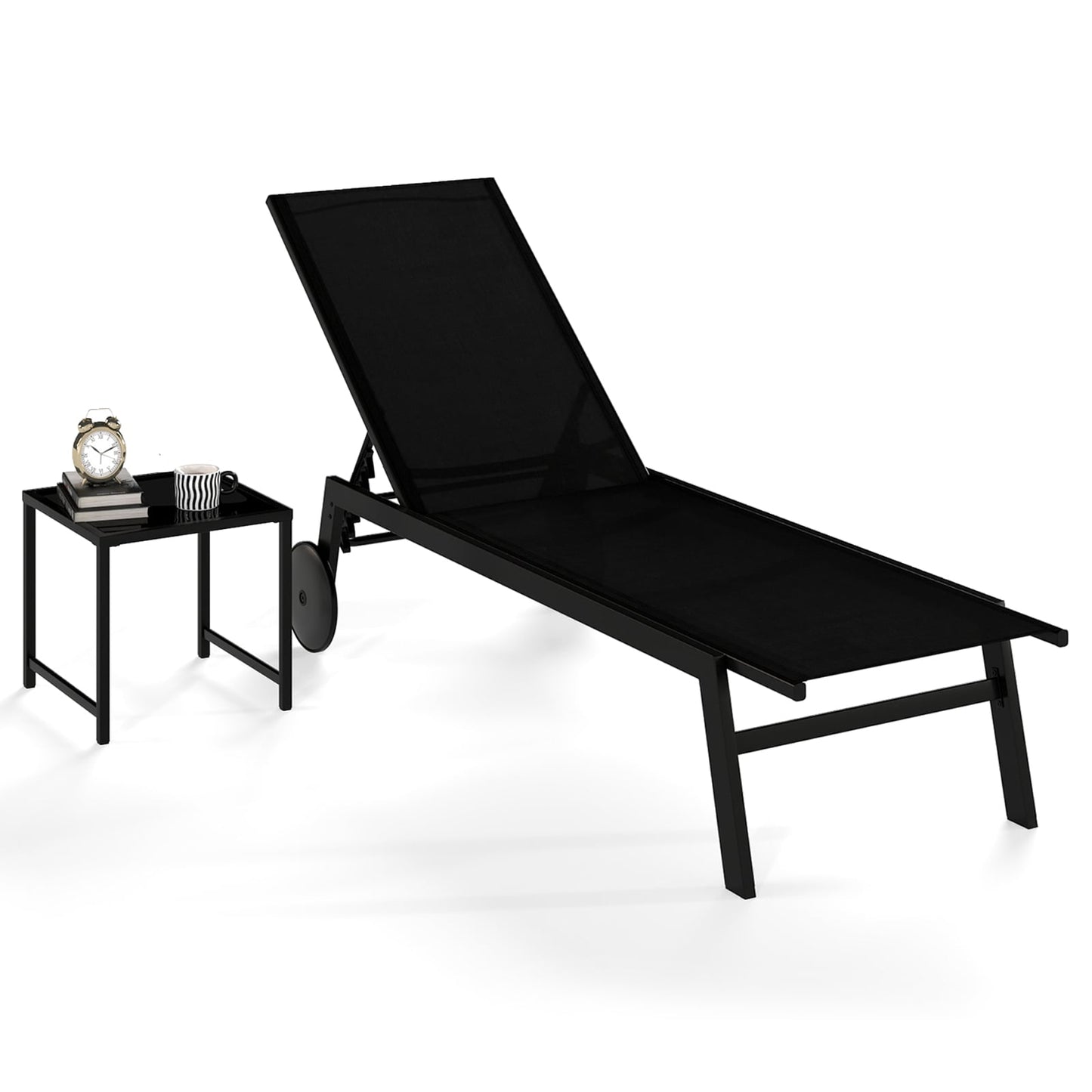 2-Piece Patio Chaise Lounge Set with Tempered Glass Table and Wheels-Black