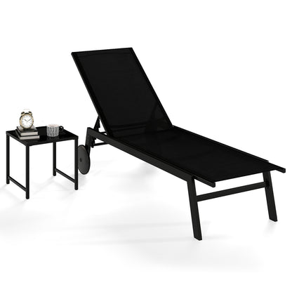 2-Piece Patio Chaise Lounge Set with Tempered Glass Table and Wheels-Black