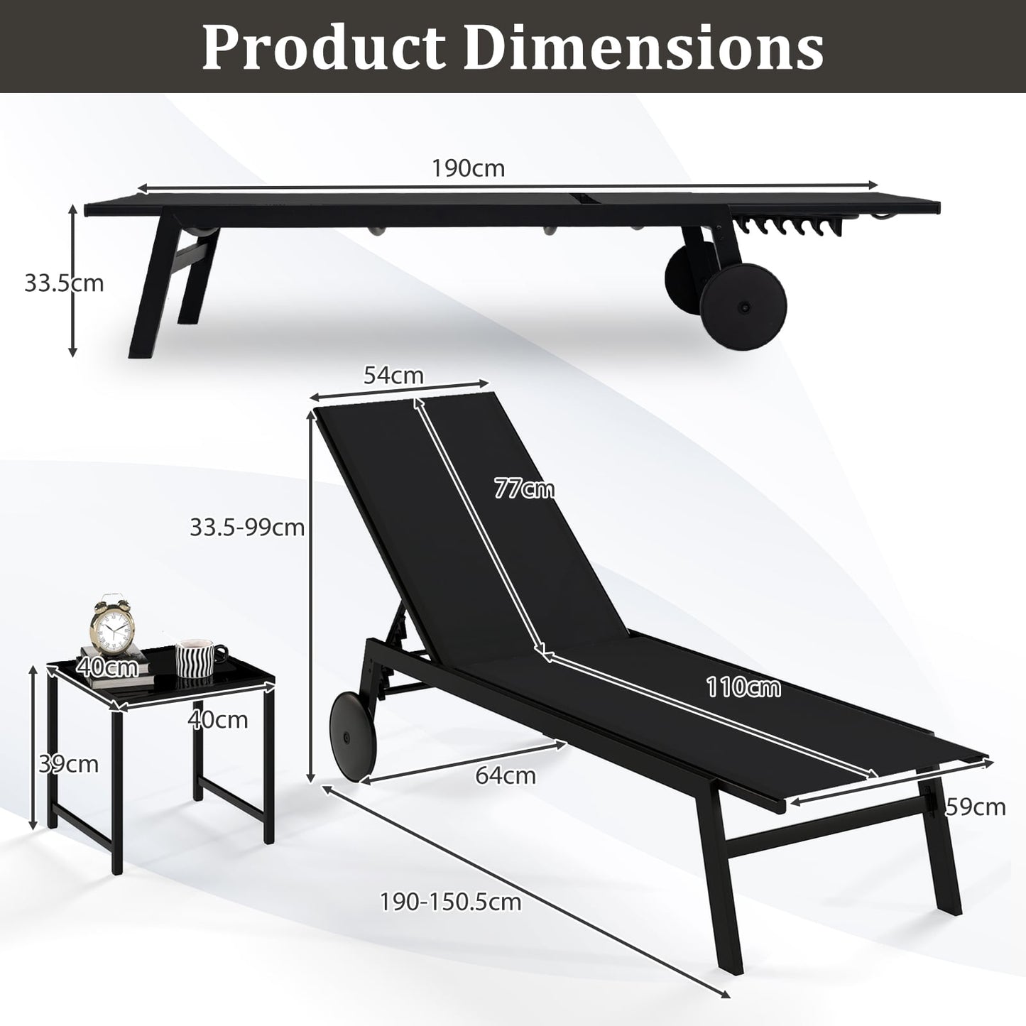 2-Piece Patio Chaise Lounge Set with Tempered Glass Table and Wheels-Black