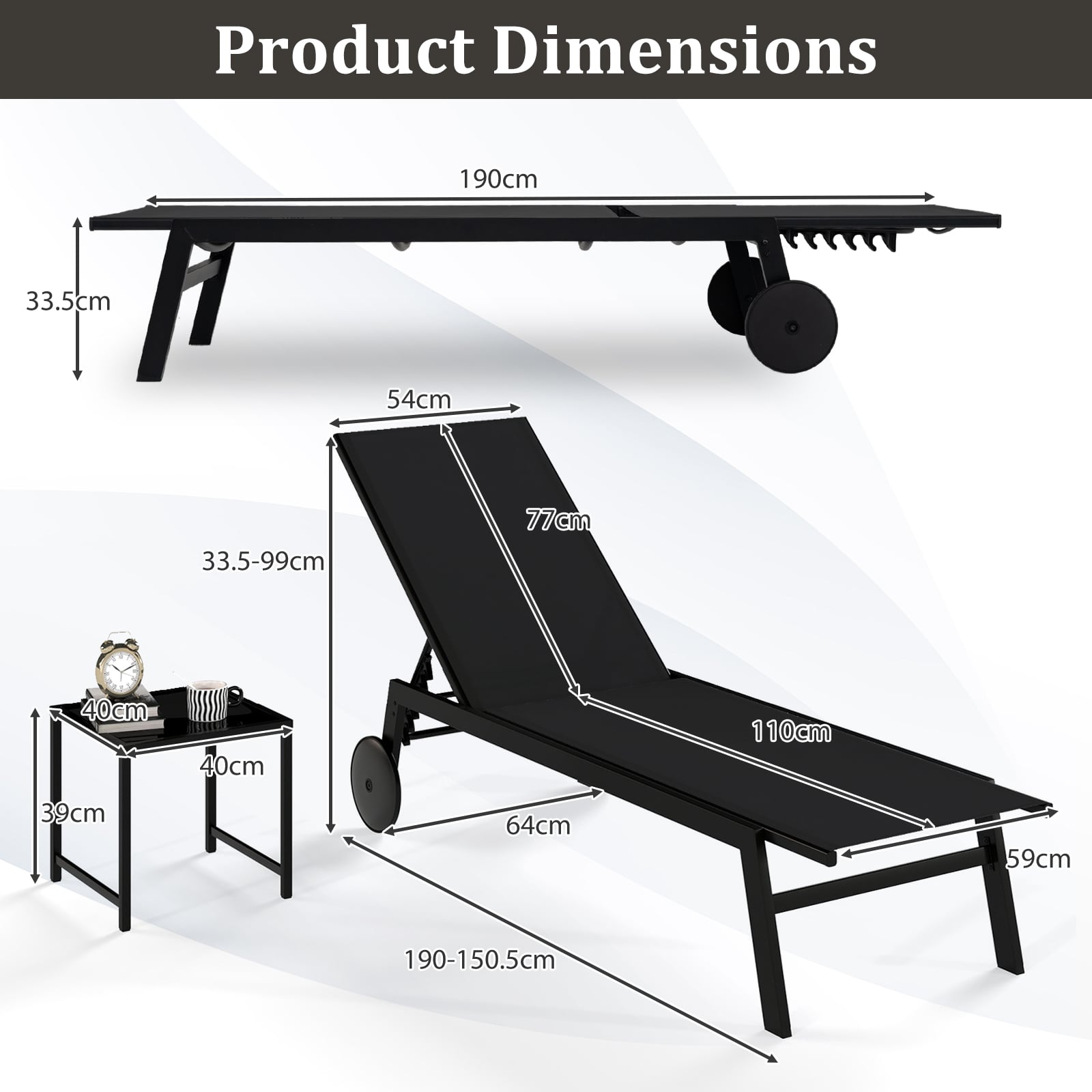 2-Piece Patio Chaise Lounge Set with Tempered Glass Table and Wheels-Black
