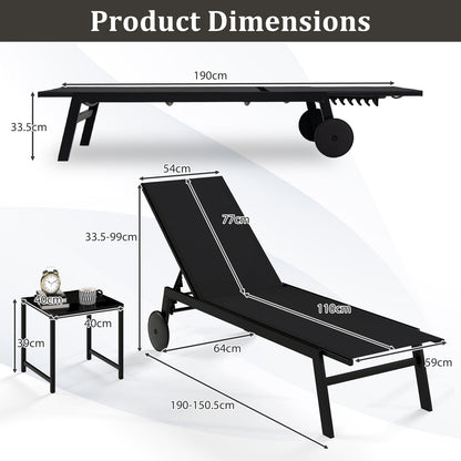 2-Piece Patio Chaise Lounge Set with Tempered Glass Table and Wheels-Black