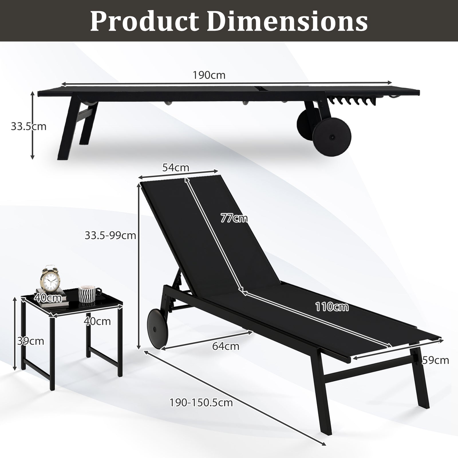 2-Piece Patio Chaise Lounge Set with Tempered Glass Table and Wheels-Black
