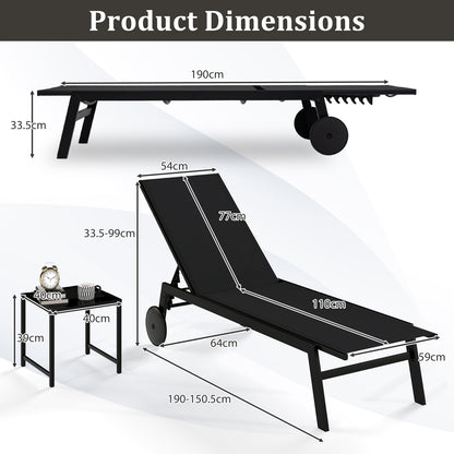 2-Piece Patio Chaise Lounge Set with Tempered Glass Table and Wheels-Black