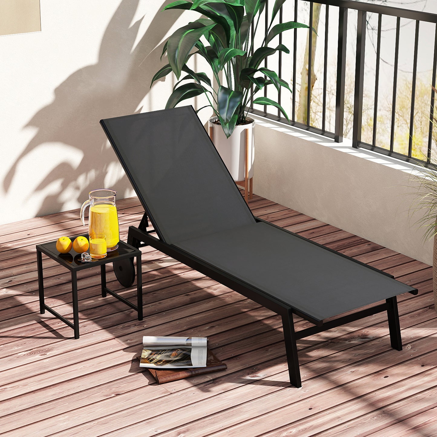 2-Piece Patio Chaise Lounge Set with Tempered Glass Table and Wheels-Grey