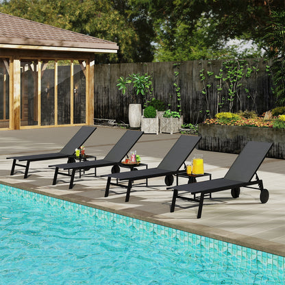 2-Piece Patio Chaise Lounge Set with Tempered Glass Table and Wheels-Grey