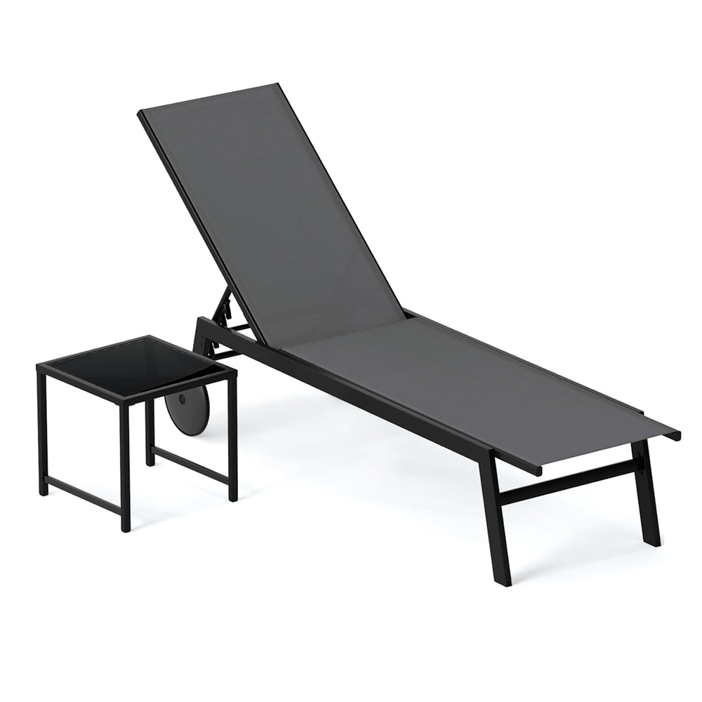 2-Piece Patio Chaise Lounge Set with Tempered Glass Table and Wheels-Grey