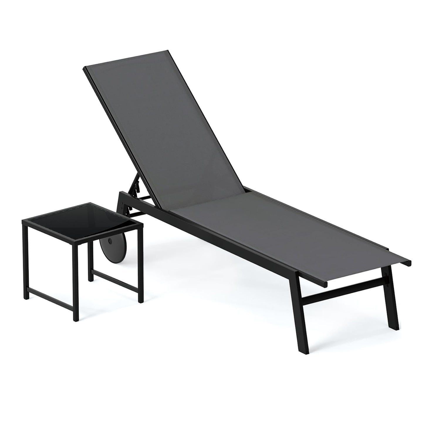 2-Piece Patio Chaise Lounge Set with Tempered Glass Table and Wheels-Grey
