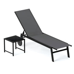2-Piece Patio Chaise Lounge Set with Tempered Glass Table and Wheels-Grey