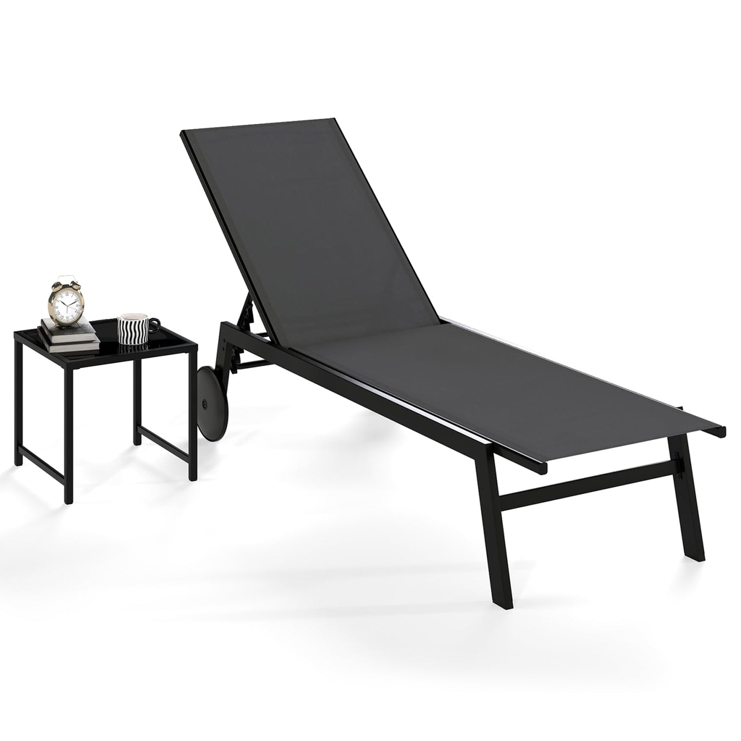 2-Piece Patio Chaise Lounge Set with Tempered Glass Table and Wheels-Grey