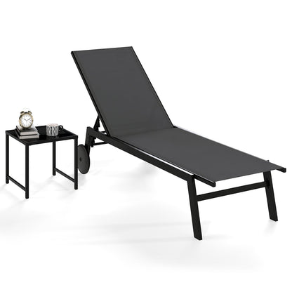2-Piece Patio Chaise Lounge Set with Tempered Glass Table and Wheels-Grey