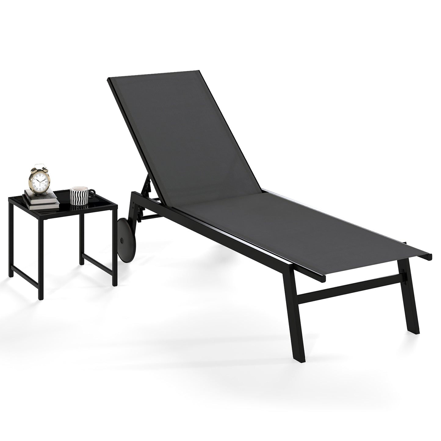 2-Piece Patio Chaise Lounge Set with Tempered Glass Table and Wheels-Grey