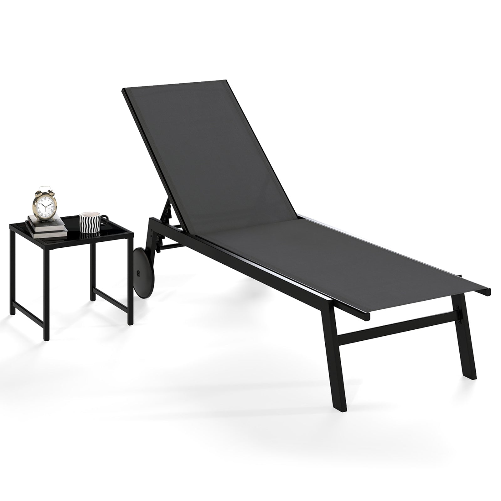 2-Piece Patio Chaise Lounge Set with Tempered Glass Table and Wheels-Grey