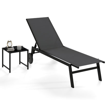 2-Piece Patio Chaise Lounge Set with Tempered Glass Table and Wheels-Grey