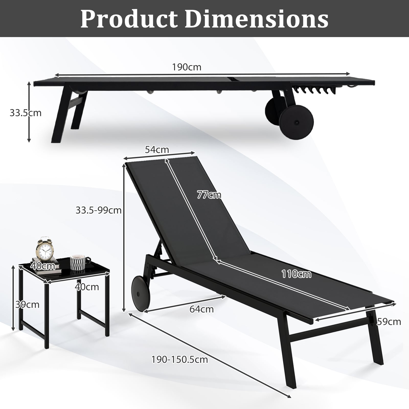 2-Piece Patio Chaise Lounge Set with Tempered Glass Table and Wheels-Grey