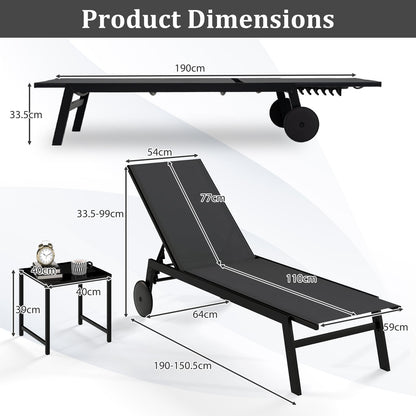 2-Piece Patio Chaise Lounge Set with Tempered Glass Table and Wheels-Grey