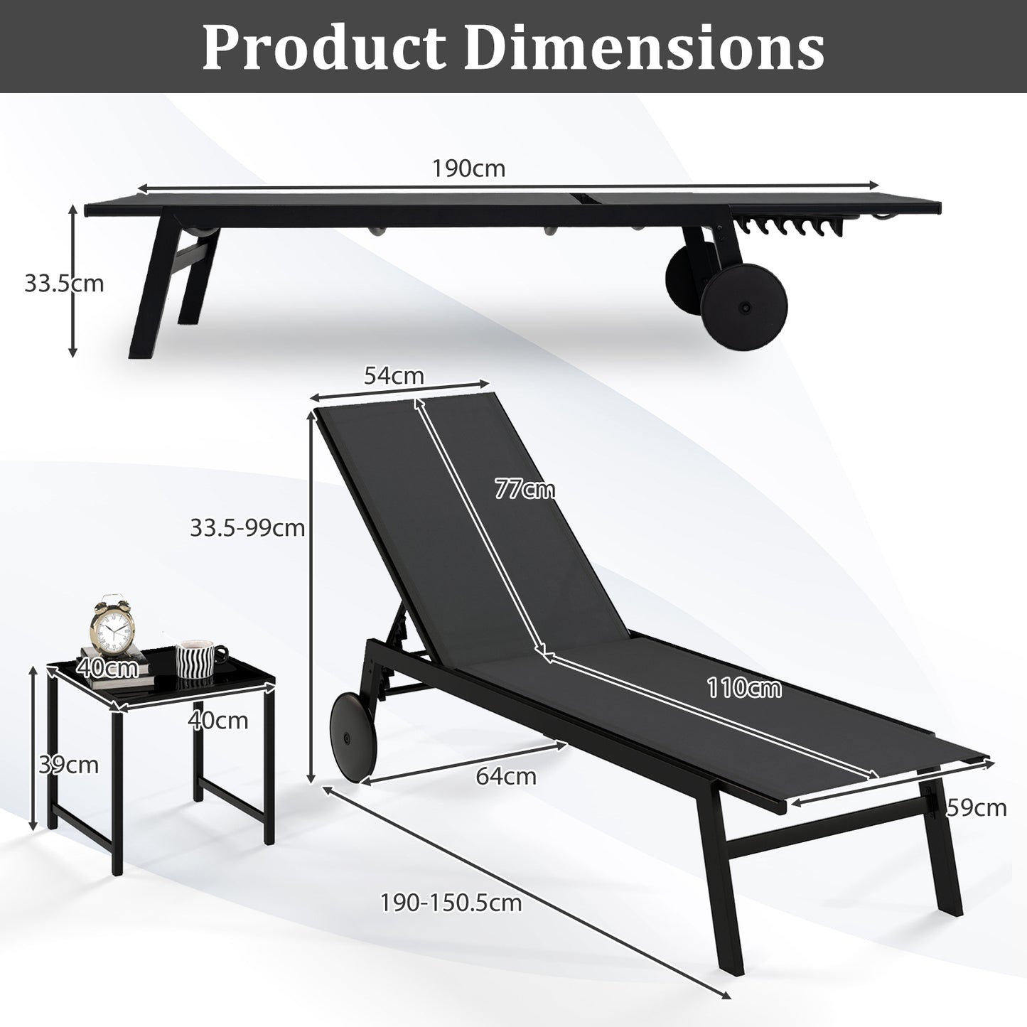 2-Piece Patio Chaise Lounge Set with Tempered Glass Table and Wheels-Grey