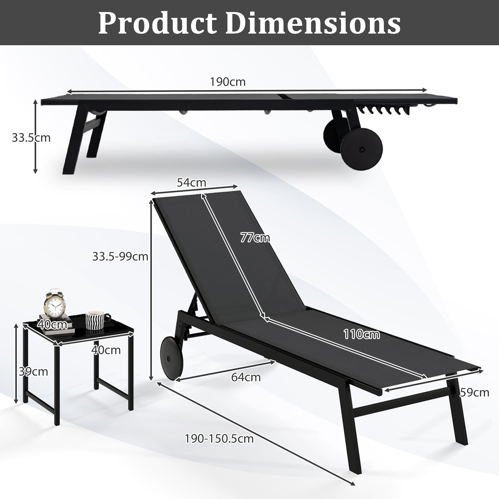 2-Piece Patio Chaise Lounge Set with Tempered Glass Table and Wheels-Grey