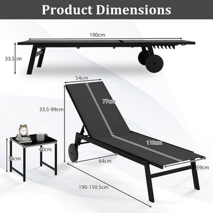 2-Piece Patio Chaise Lounge Set with Tempered Glass Table and Wheels-Grey