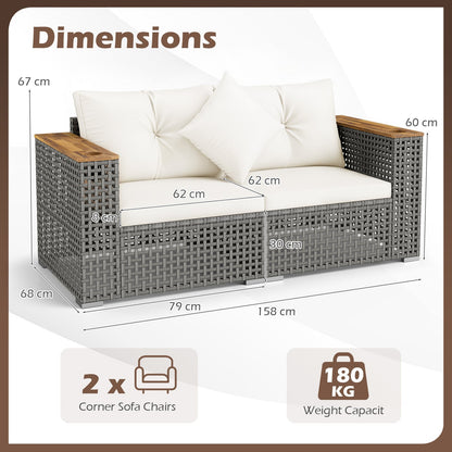 2-Piece Patio Corner Sofa Set Outdoor Sectional Wicker Loveseat with Thick Cushions-White