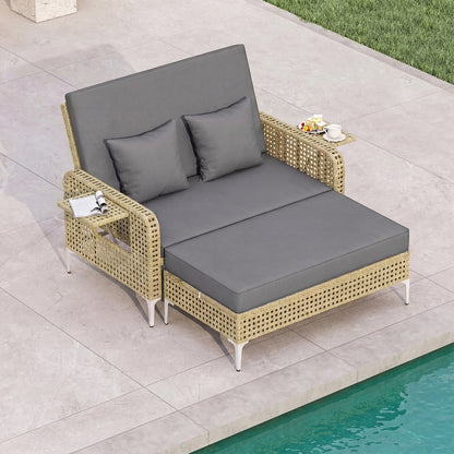 2-Piece Patio Daybed Set with Storage Ottoman-Grey