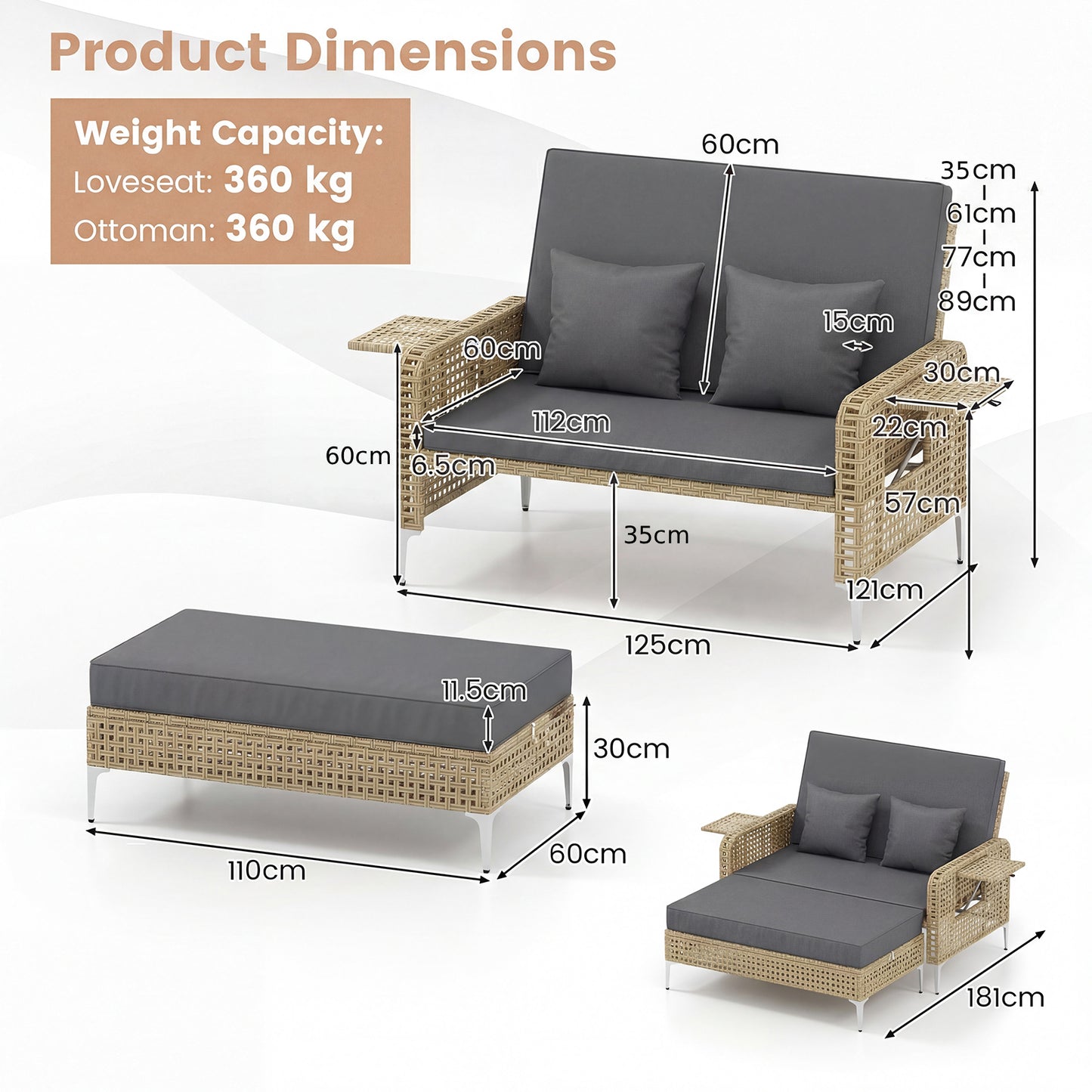 2-Piece Patio Daybed Set with Storage Ottoman-Grey