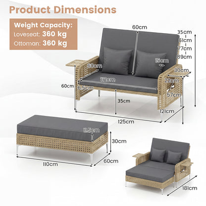 2-Piece Patio Daybed Set with Storage Ottoman-Grey