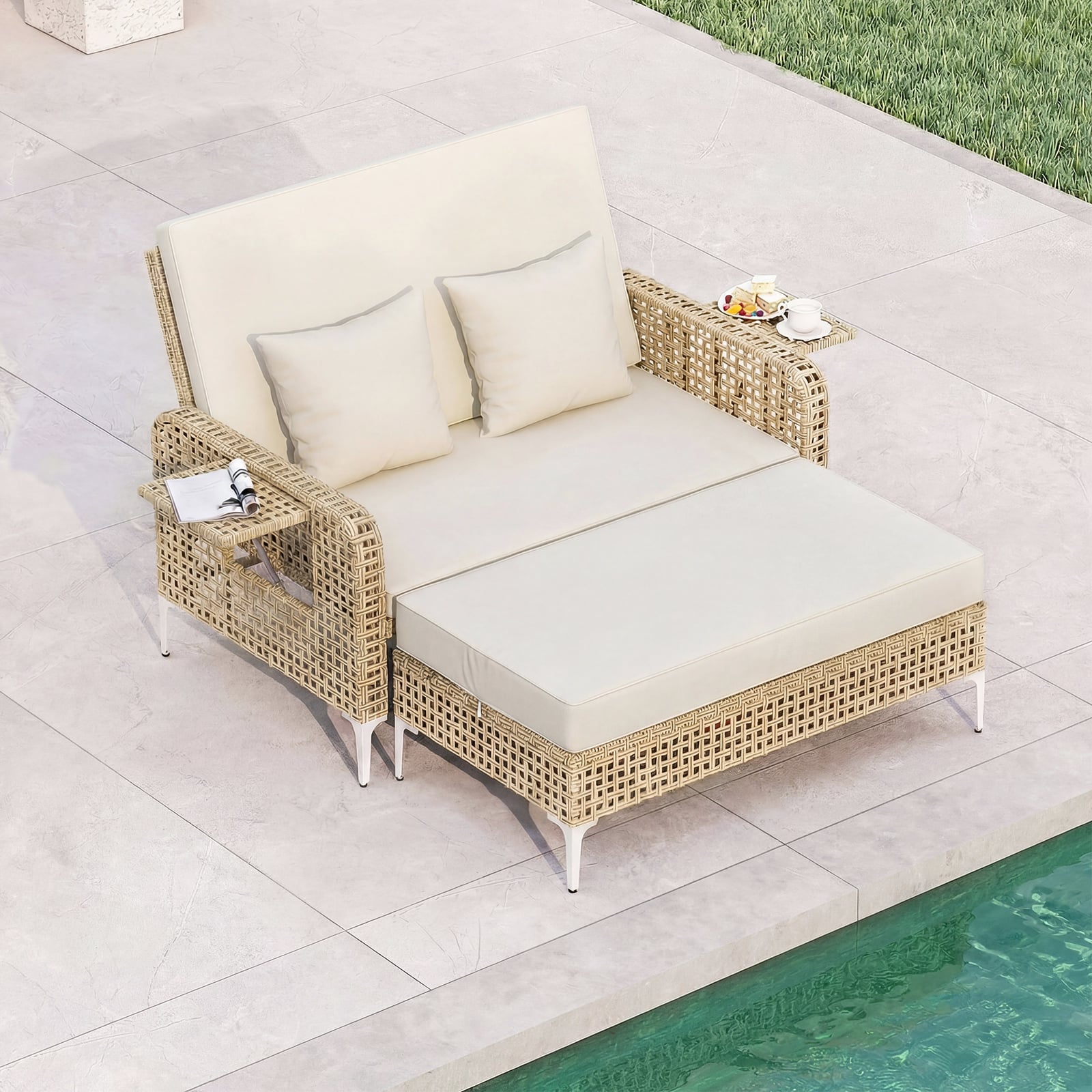 2-Piece Patio Daybed Set with Storage Ottoman-White