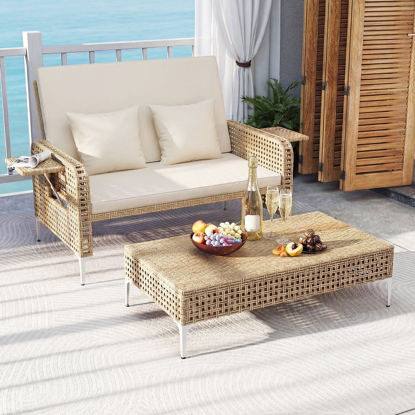 2-Piece Patio Daybed Set with Storage Ottoman-White