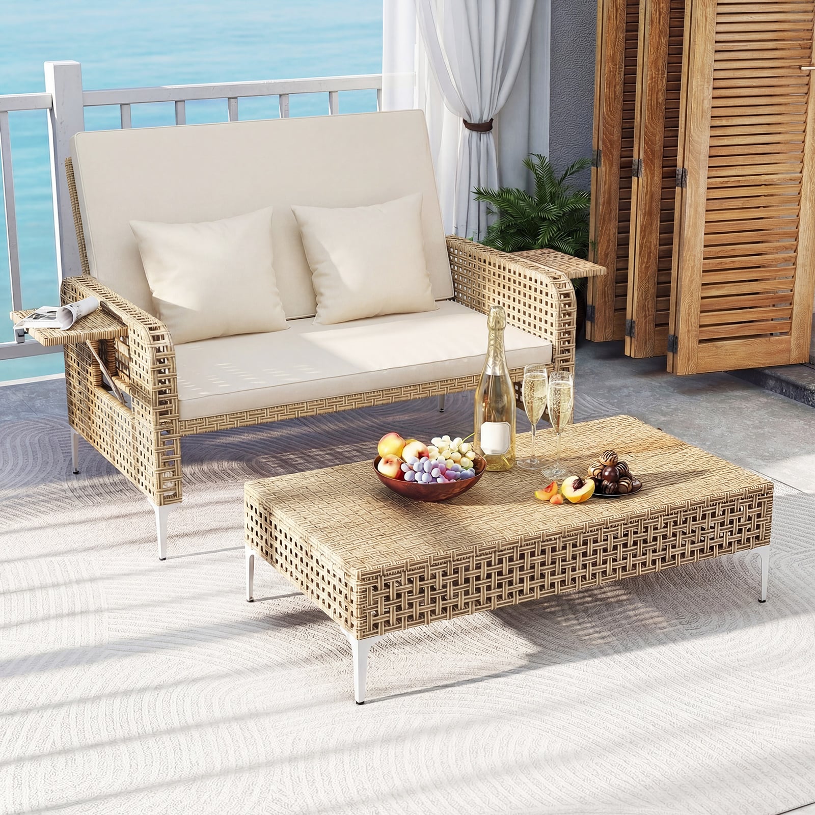 2-Piece Patio Daybed Set with Storage Ottoman-White