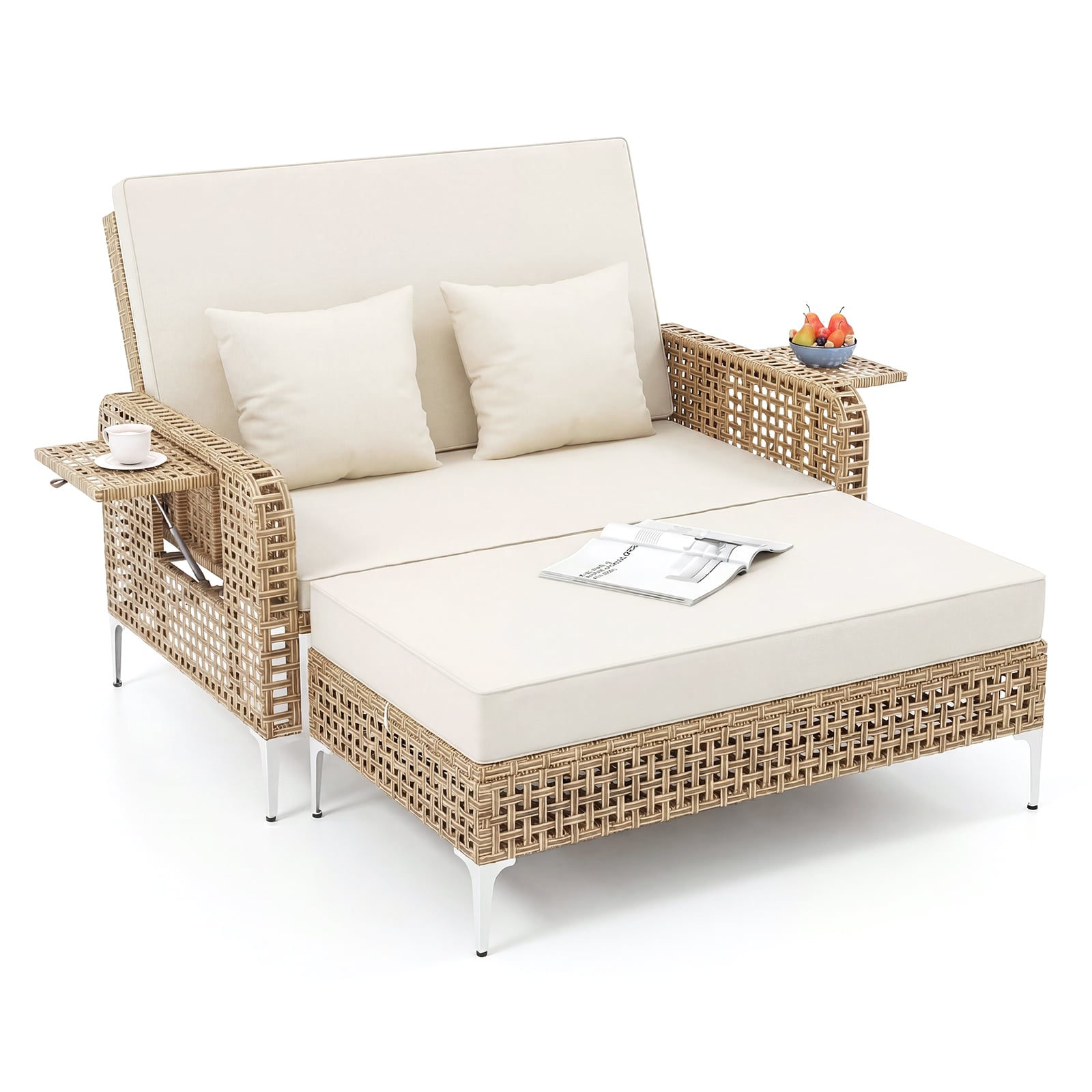 2-Piece Patio Daybed Set with Storage Ottoman-White