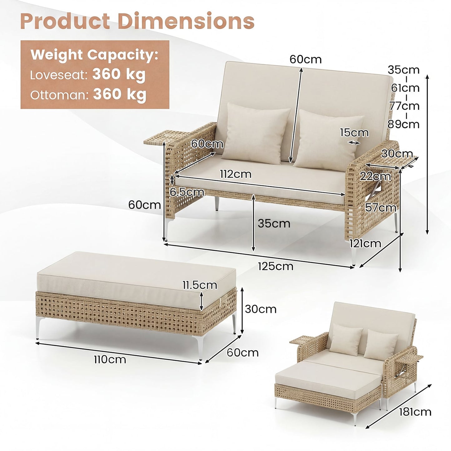 2-Piece Patio Daybed Set with Storage Ottoman-White