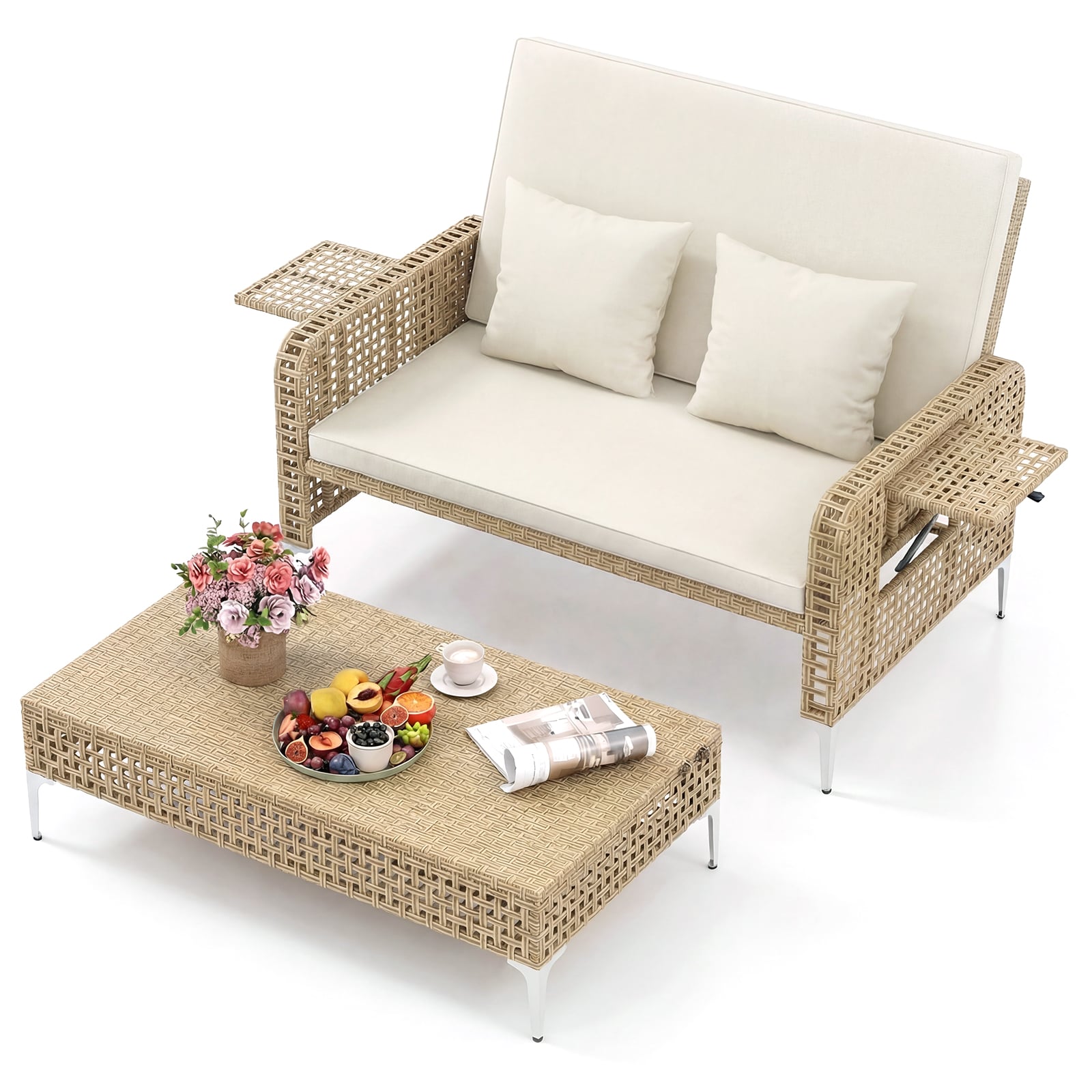 2-Piece Patio Daybed Set with Storage Ottoman-White