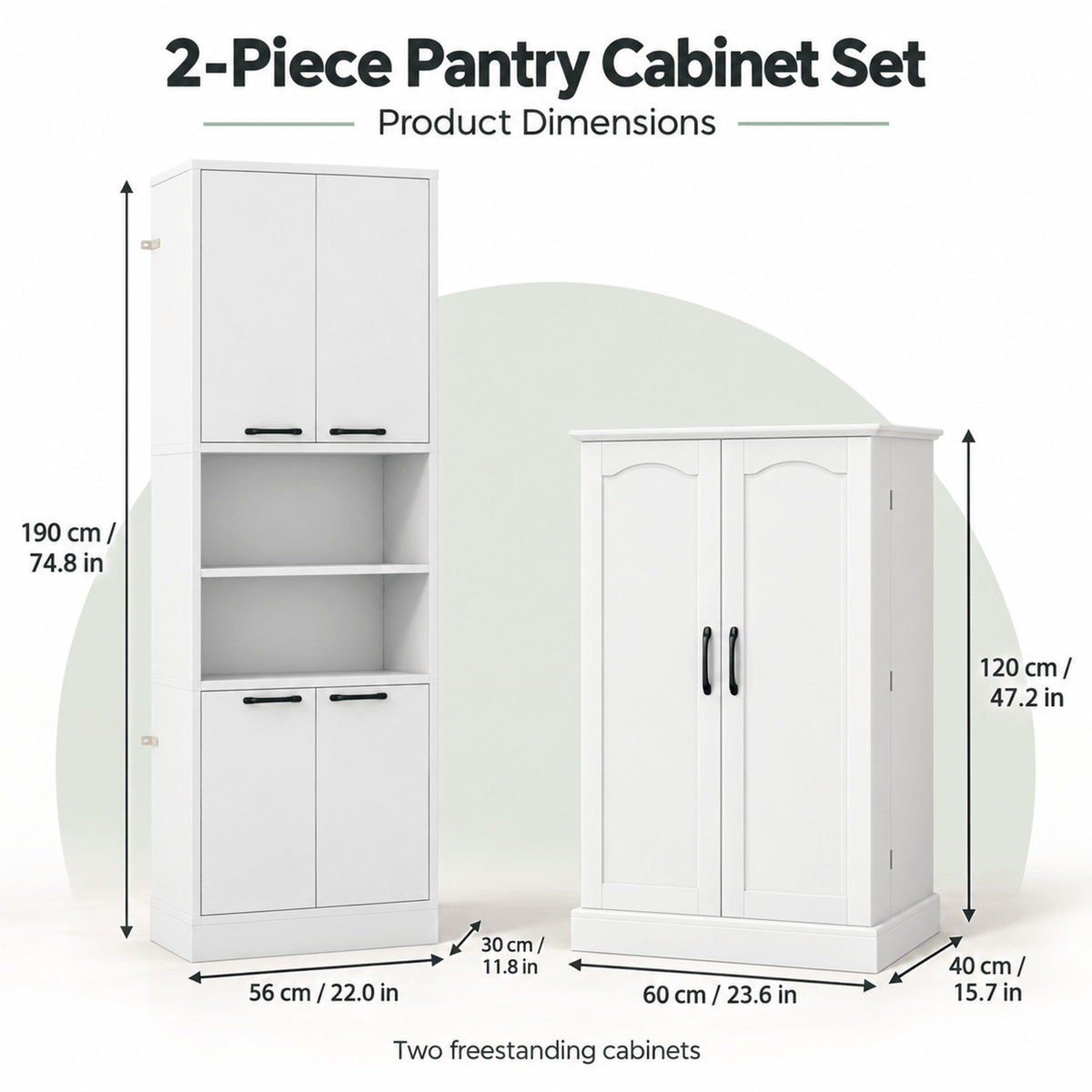 2-Piece White Kitchen Pantry Cabinet Set with Adjustable Shelves