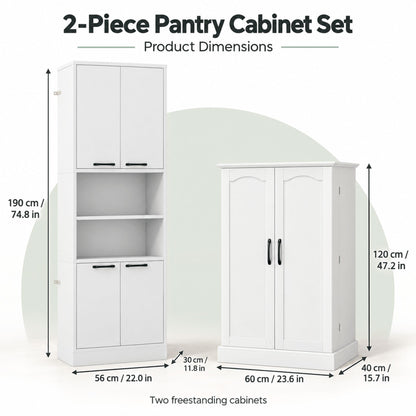 2-Piece White Kitchen Pantry Cabinet Set with Adjustable Shelves
