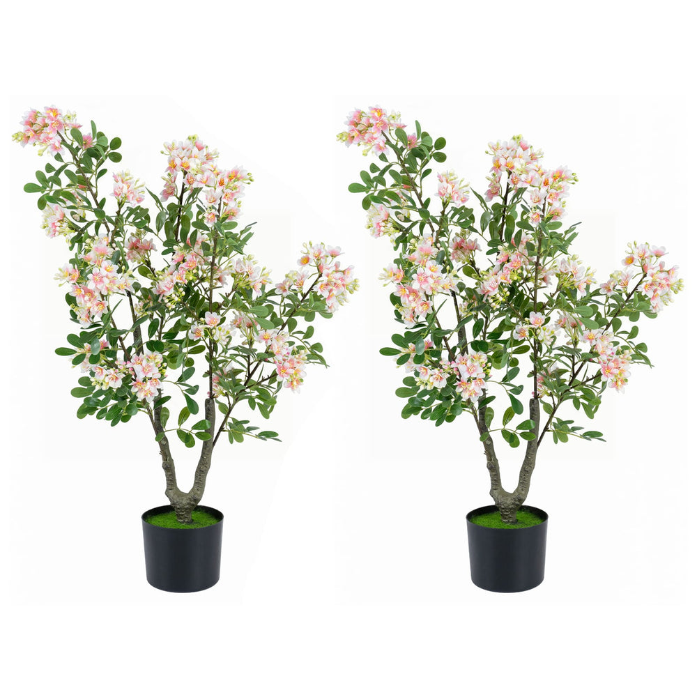 2 Pieces 90 CM Artificial Impatiens Blossom Tree Faux Pink Floral Plant in Cement-filled Pot-Pink