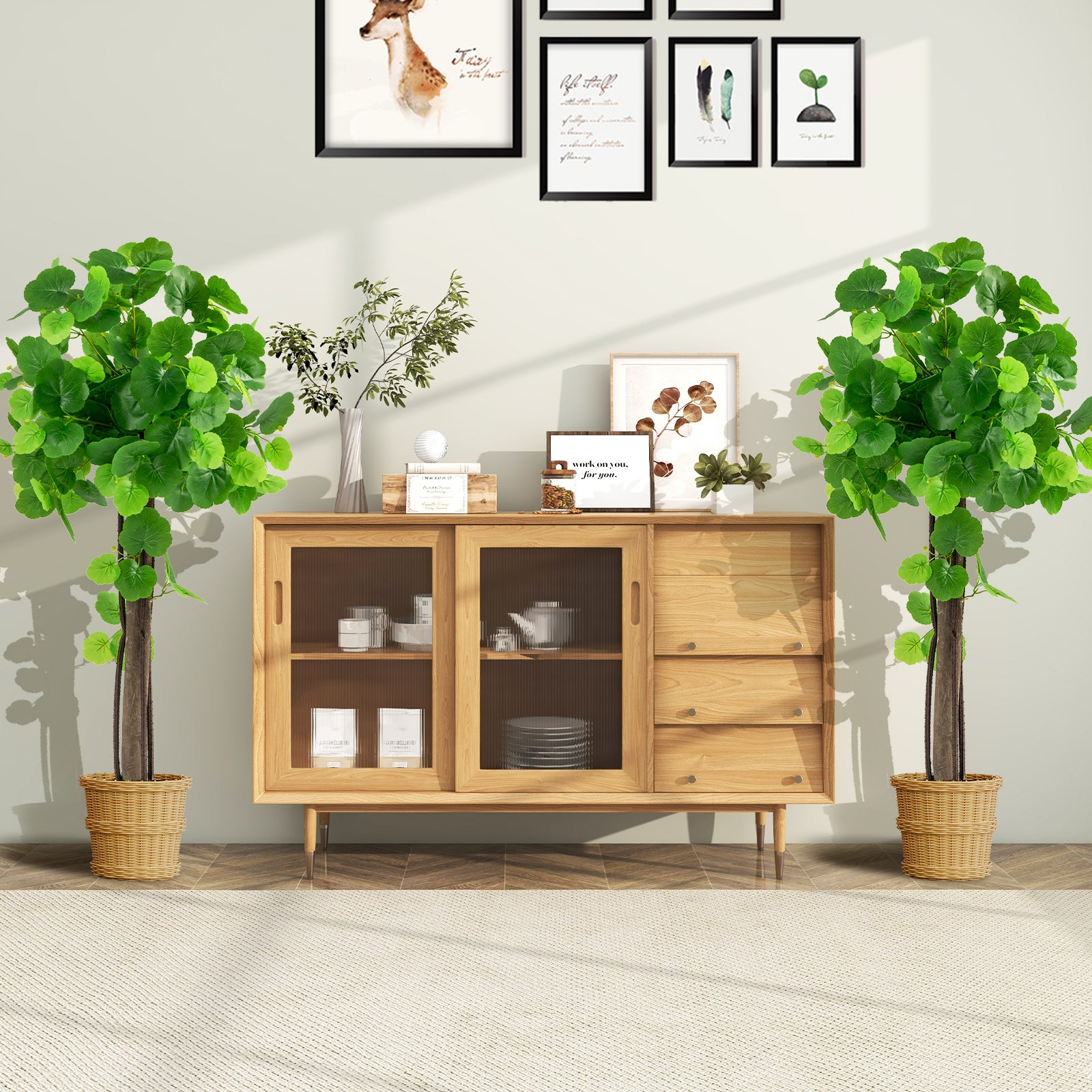 2 Pieces Artificial Crabapple Tree Fake Plant in Pot with Real Wood Trunk and Branches